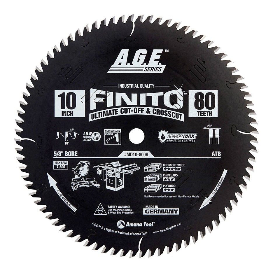 Amana Tool Fine Crosscut Circular Saw Blade 10 Inch x 80T ATB with 5/8 Inch Bore MD10-800R