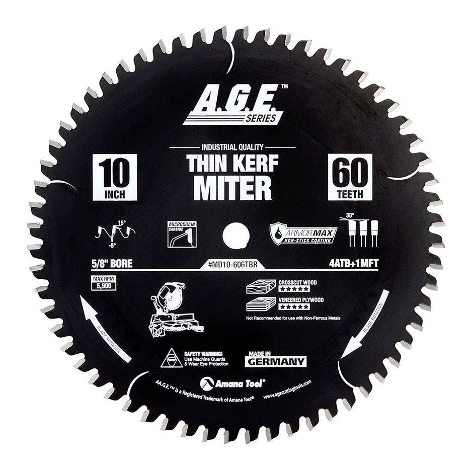 Amana Tool Thin Kerf Crosscut Circular Saw Blade 10 Inch x 60T ATB+MFT with 5/8 Inch Bore MD10-606TBR