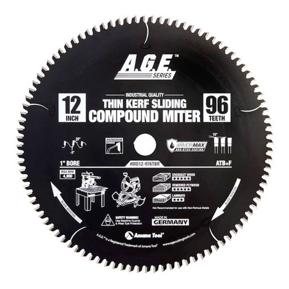 Amana Tool Thin Kerf Crosscut Circular Saw Blade 12 Inch x 96T ATB+MFT with 5/8 Inch Bore MD12-976TBR