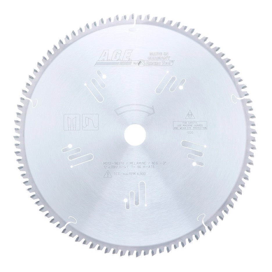 Amana Tool Thin Kerf Melamine Circular Saw Blade 12 Inch x 96T High-ATB with 1 Inch Bore MD12-963TB