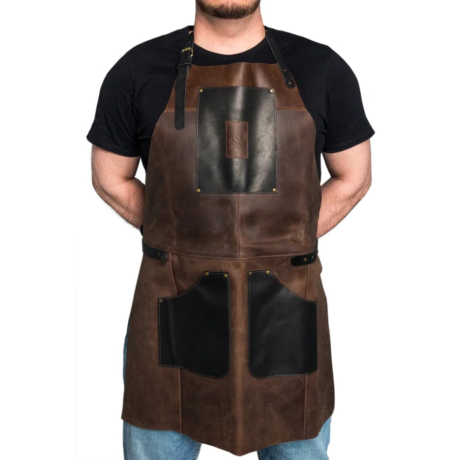 Front view of man wearing Beavercraft AP3X – Adjustable Black&Brown Leather Work Apron