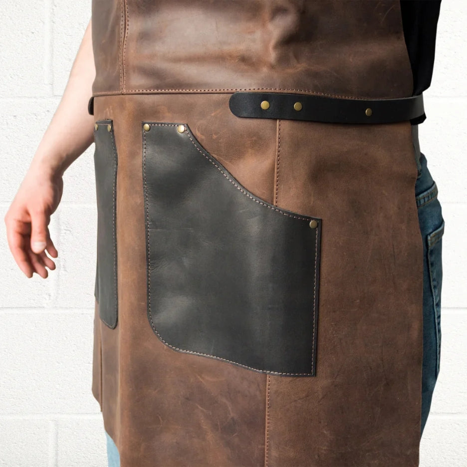 Bottom angle view - man wearing Beavercraft AP3X – Adjustable Black&Brown Leather Work Apron