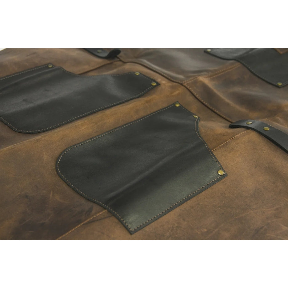 Closer view of bottom of Beavercraft AP3X – Adjustable Black&Brown Leather Work Apron