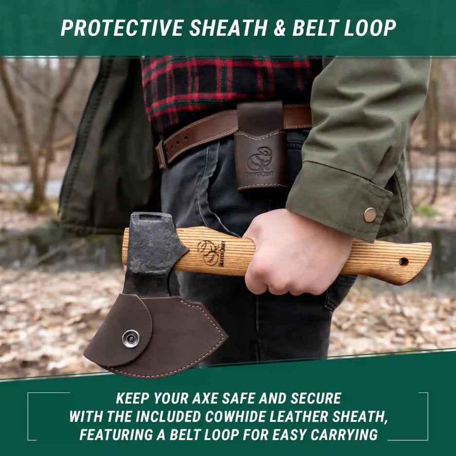 Person holding Beavercraft Bushcraft Axe AX3 with the cowhide leather sheath and belt loop in a forest setting.