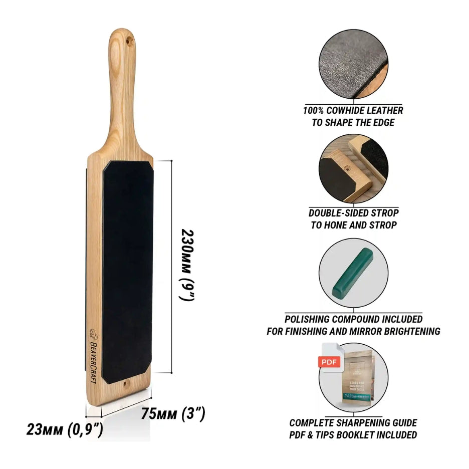 Beavercraft Dual-Sided Leather Paddle Strop With P1 Polishing Compound LS1P1 measurements and features