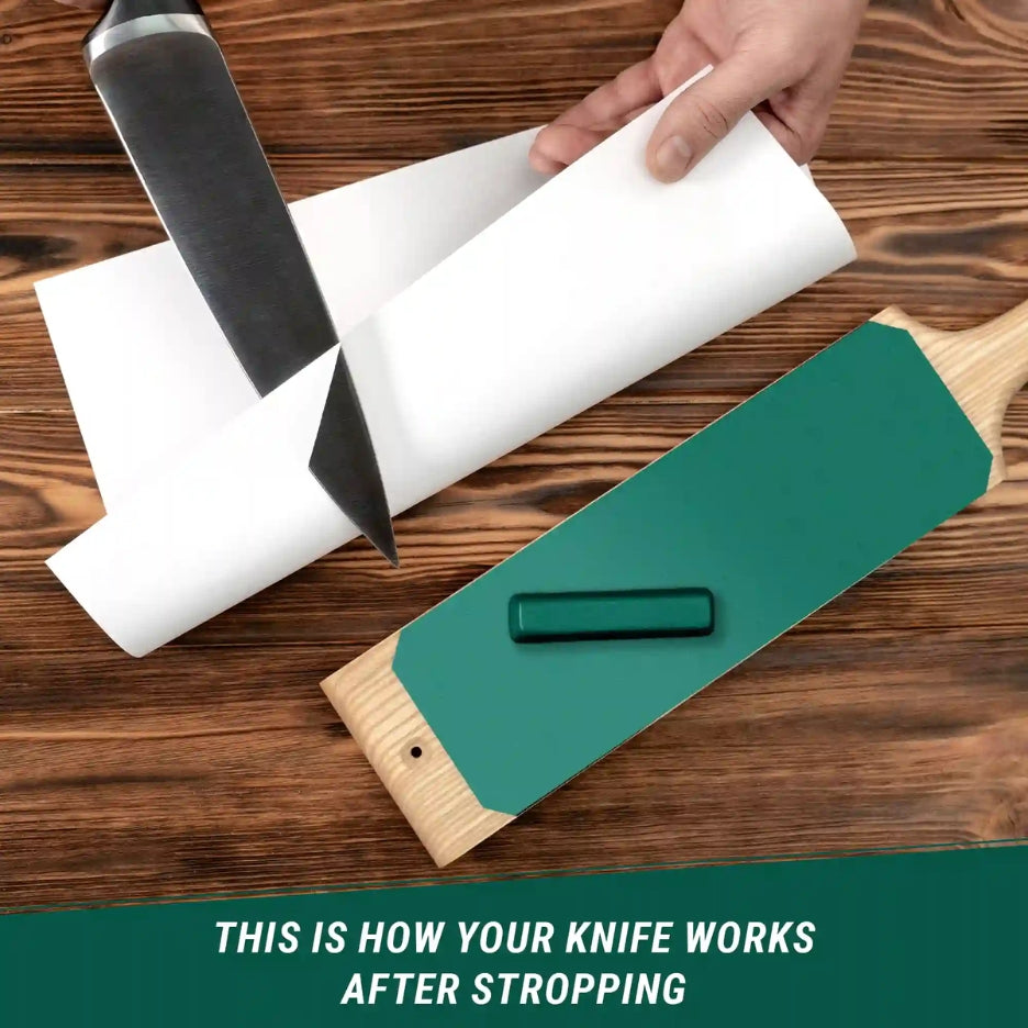 Knife being sharpened on a whetstone with text about knife performance after stropping.