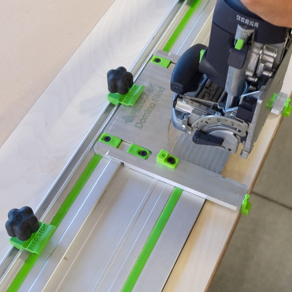 FastCap Domino Sled and Stops used with Domino Joiner and guide rail