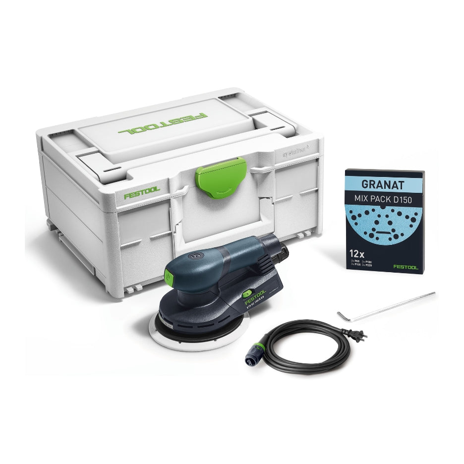 The Festool ETS EC 150/5 Brushless Random Orbit Sander includes a soft sanding pad, Plug-it power cord, and Systainer.