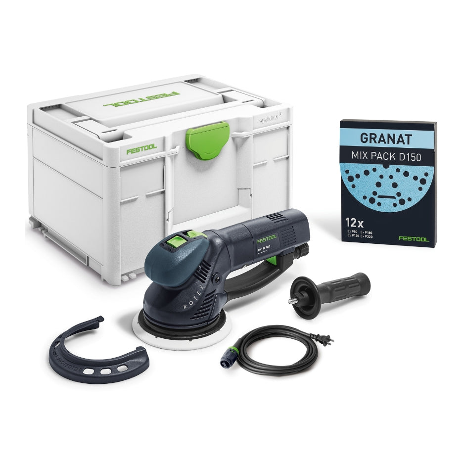 Festool RO 150 FEQ includes edge protector, Plug-it power cord, soft sanding pad and Systainer.