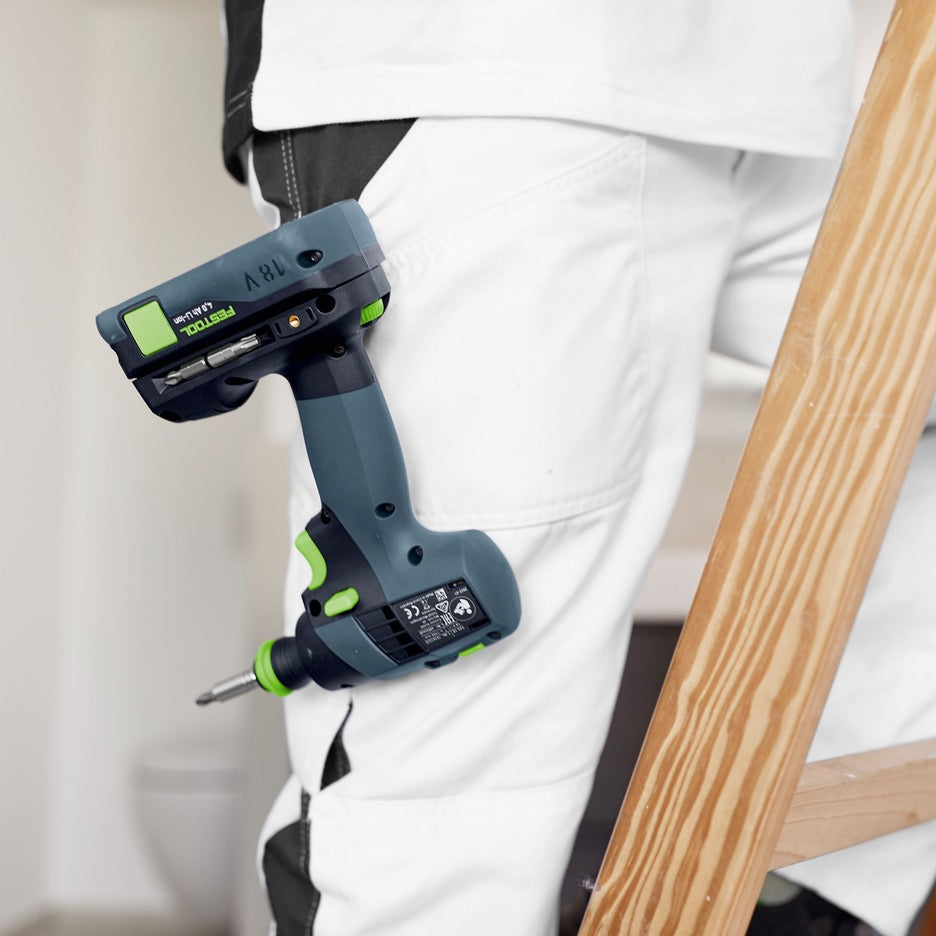 Festool TXS 18 Cordless Drill Set 576903 hanging from pocket