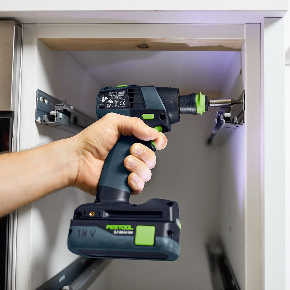 Festool TXS 18 Cordless Drill Set 576903 fastening drawer slides in narrow cabinet