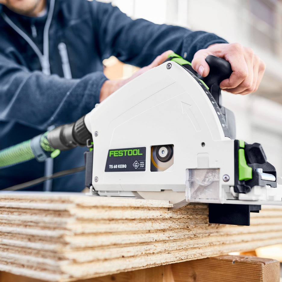 Festool Track Saw 168mm with Guide Rail TS 60 KEBQ-F-Plus-FS 577422 cutting top panel in stack of sheet goods
