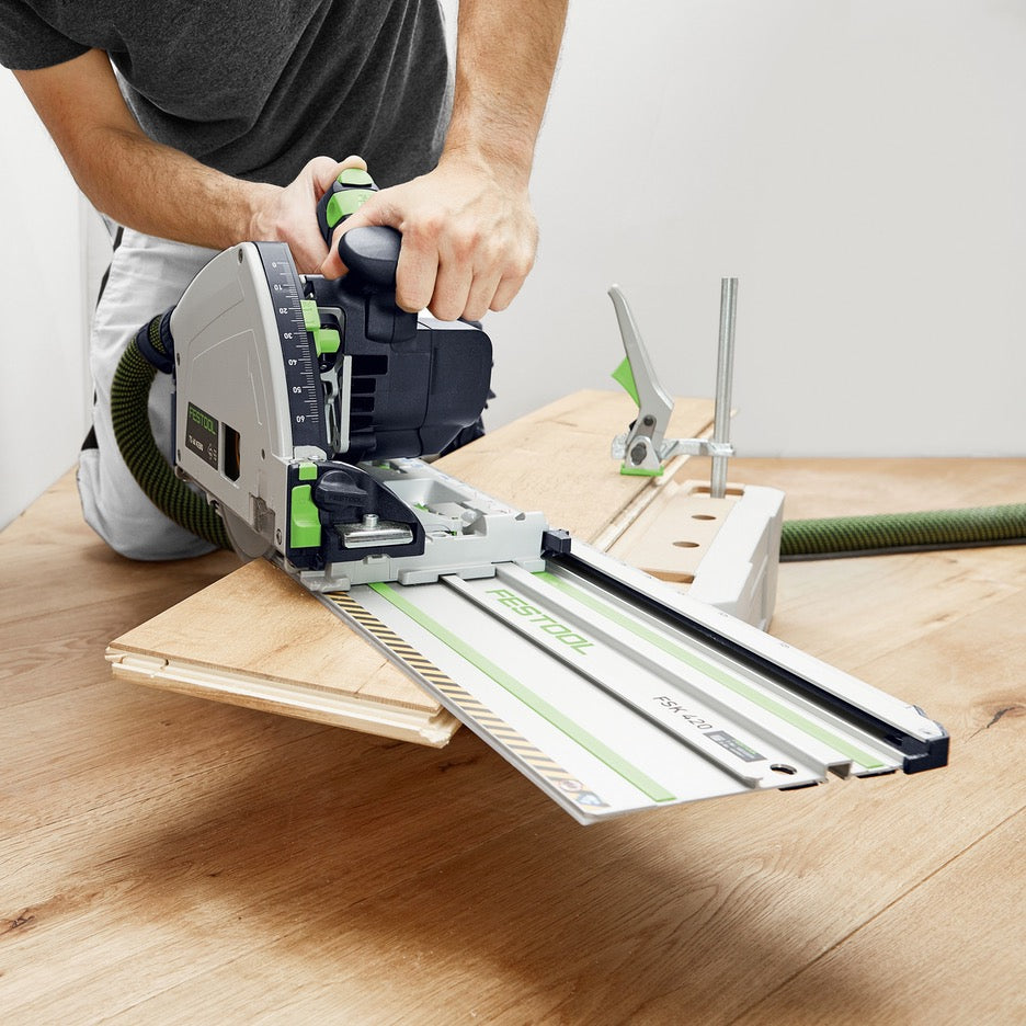 Festool Track Saw 168mm with Guide Rail TS 60 KEBQ-F-Plus-FS 577422 making mitre cut in flooring with FSK Guide Rail