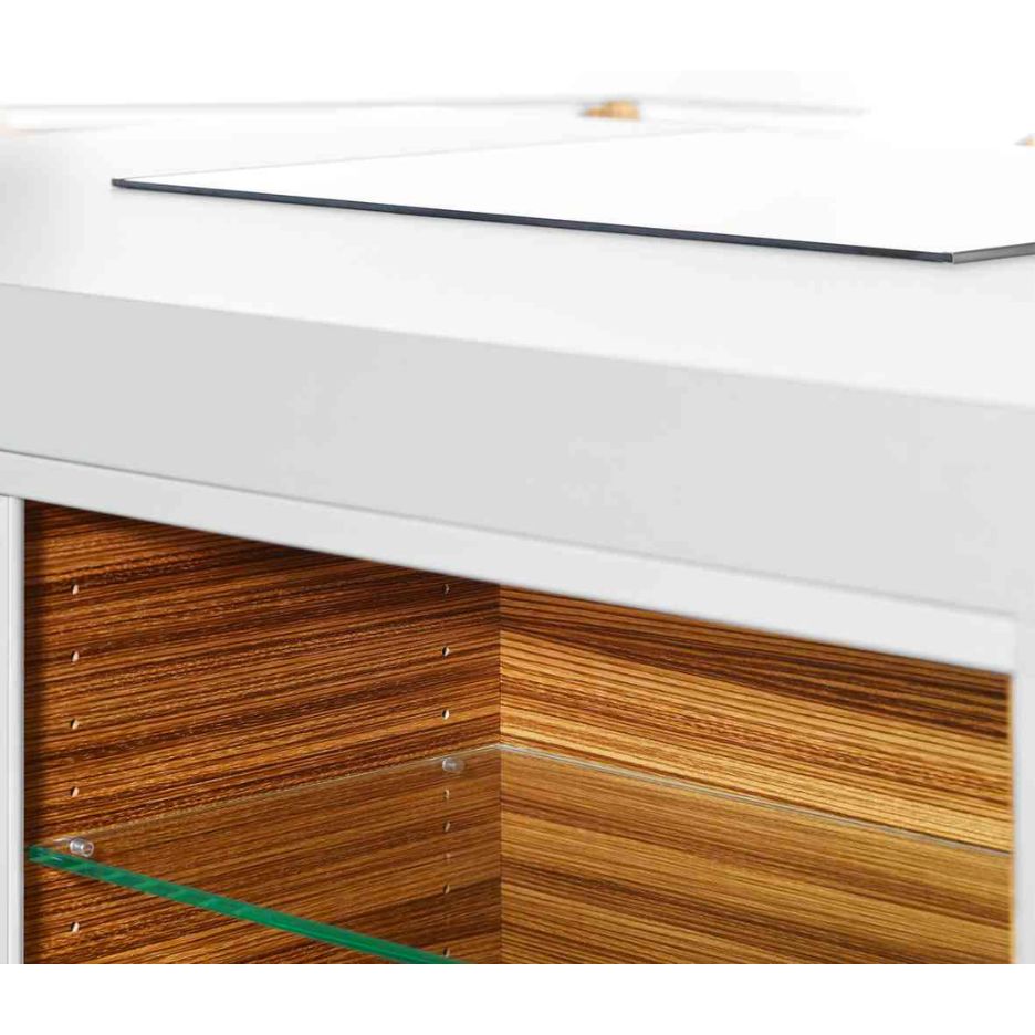 Adjustable glass shelf in cabinet