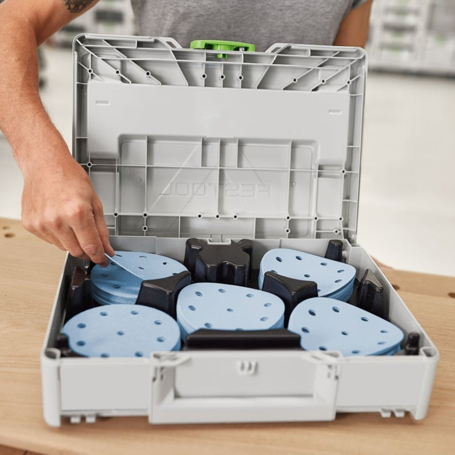 Open Systainer with hand holding Granat Abrasives