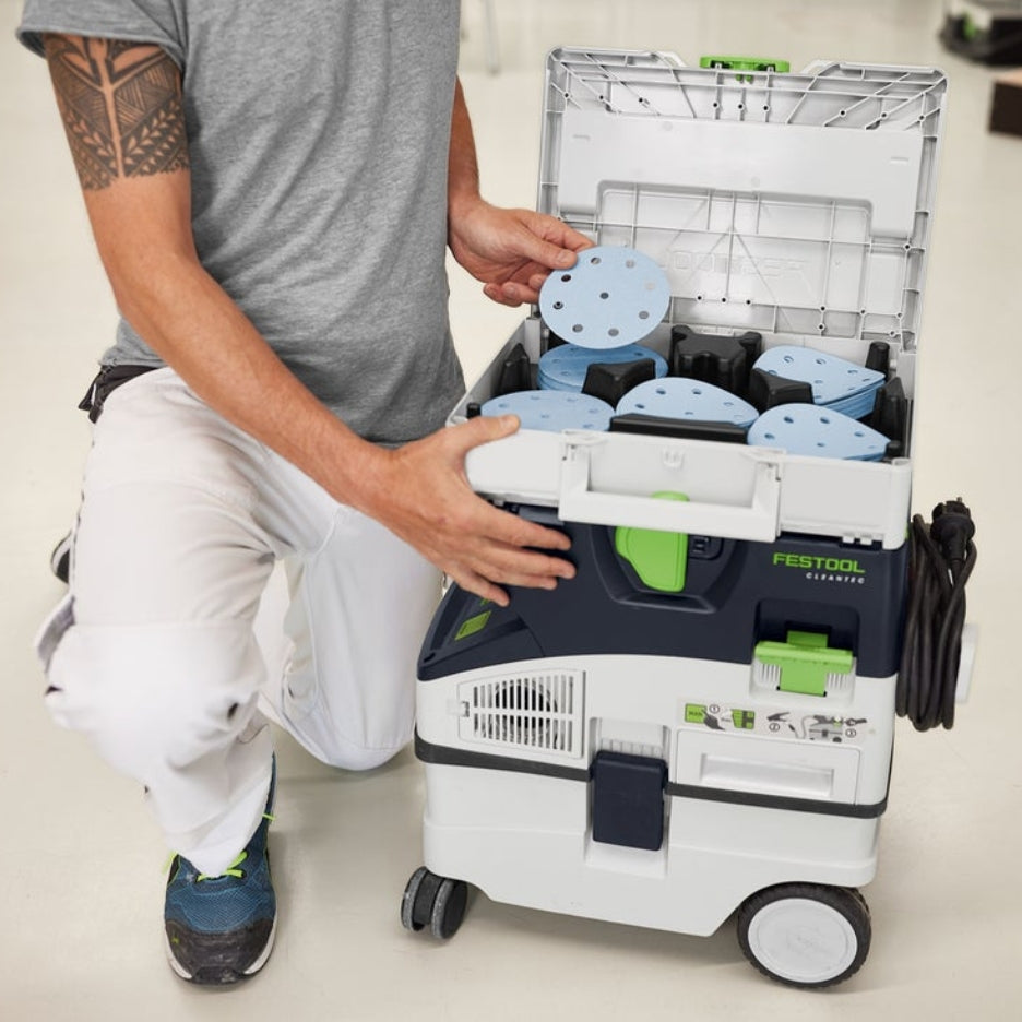 Festool Abrasives Systainer open on top of dust extractor