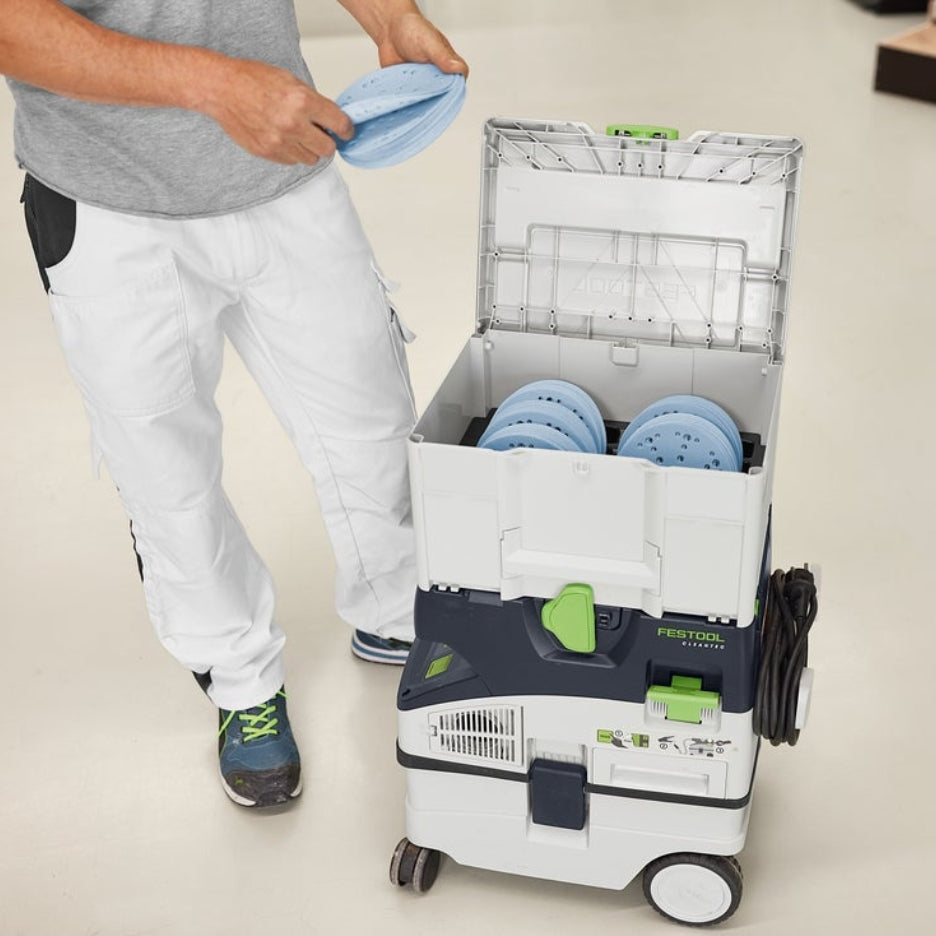 Festool Abrasives Systainer open on top of dust extractor