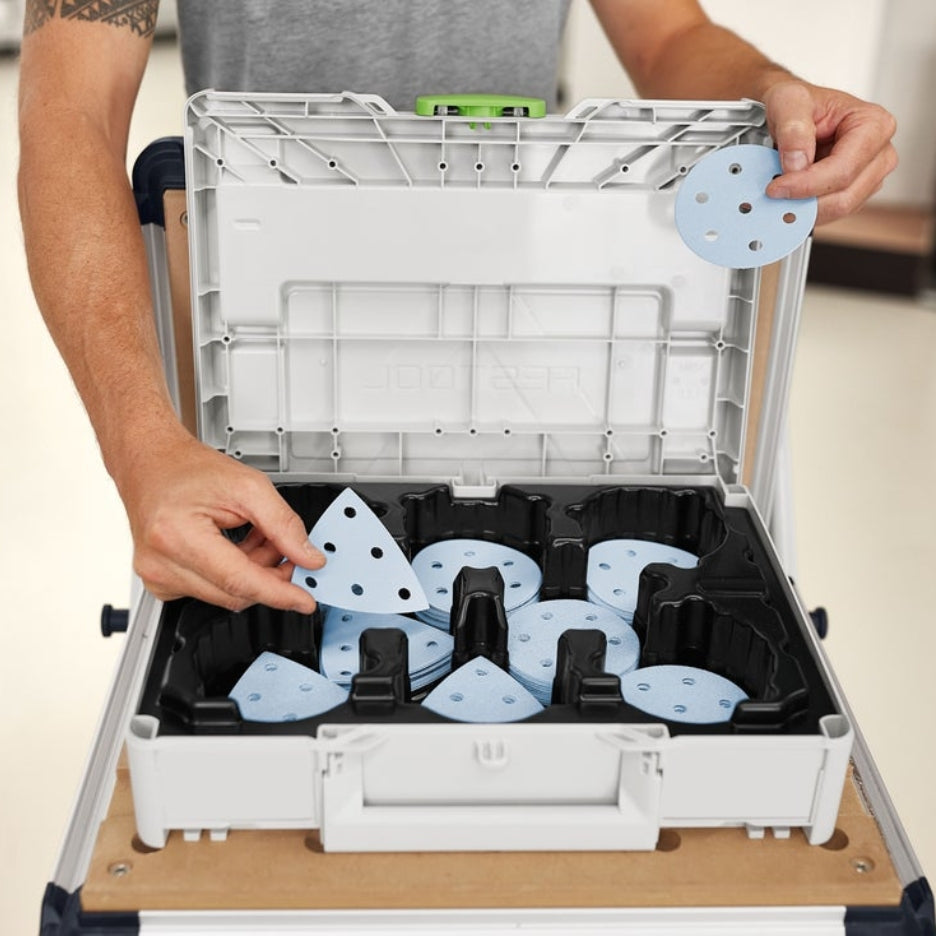 Open Systainer with hand holding Granat Abrasives