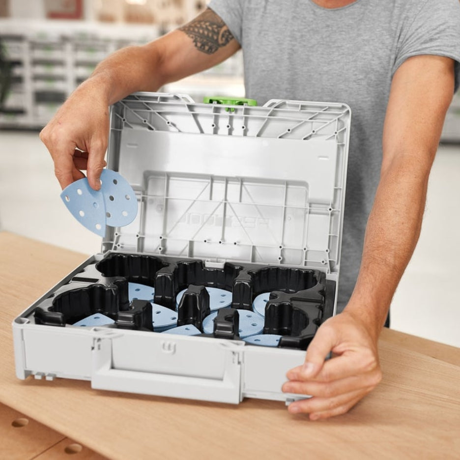 Open Systainer with hand holding Granat Abrasives