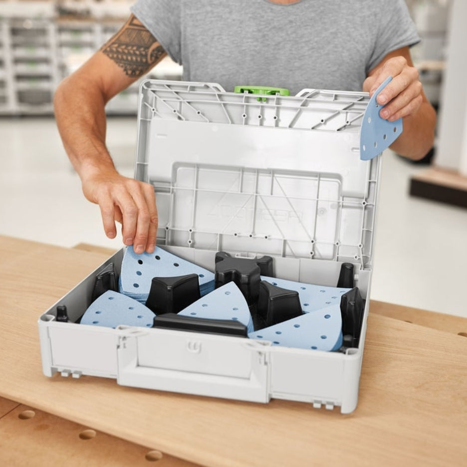 Open Systainer with hand holding Granat Abrasives