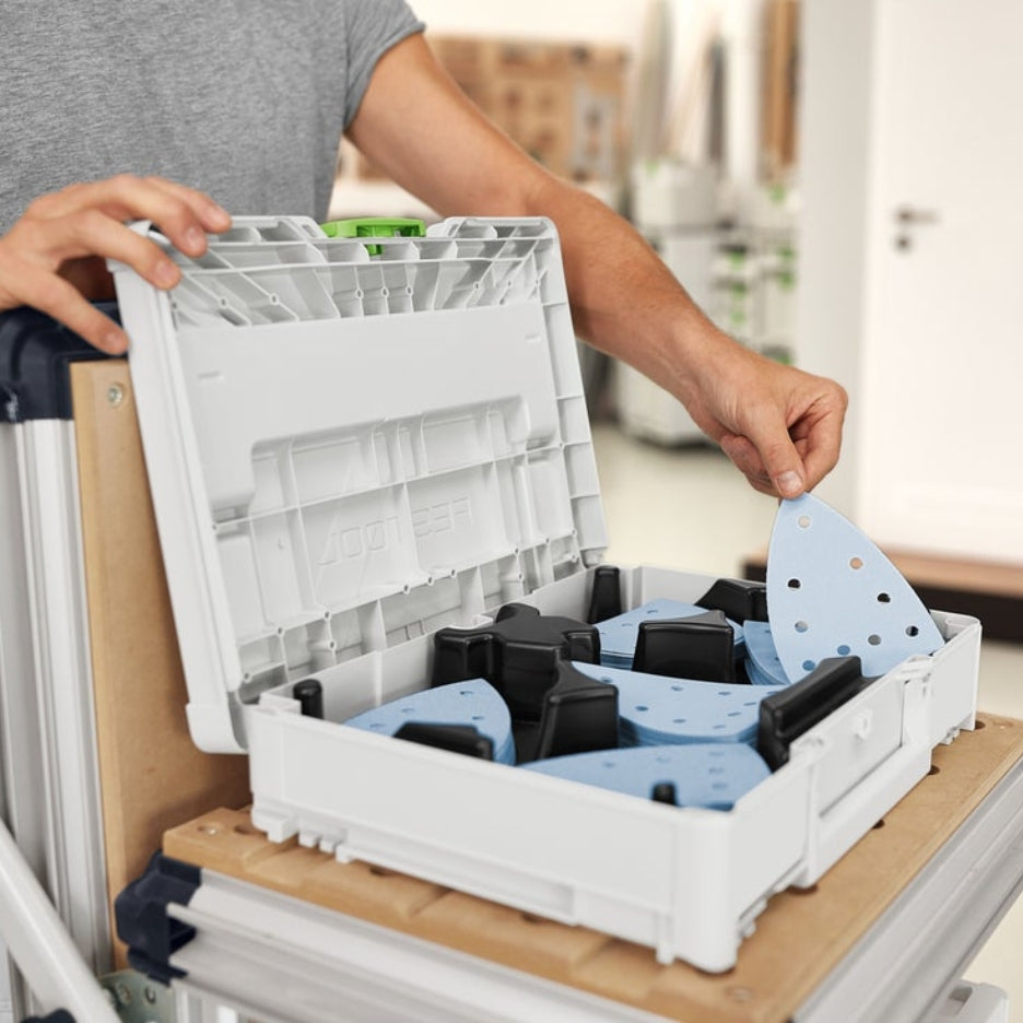 Open Systainer with hand holding Granat Abrasives