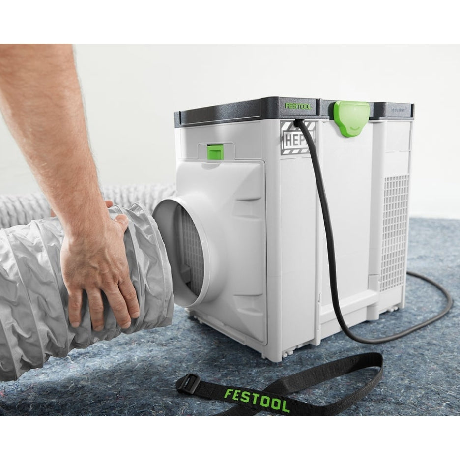 Hands connecting air supply hose to Festool Air Filter SYS-AIR HEPA