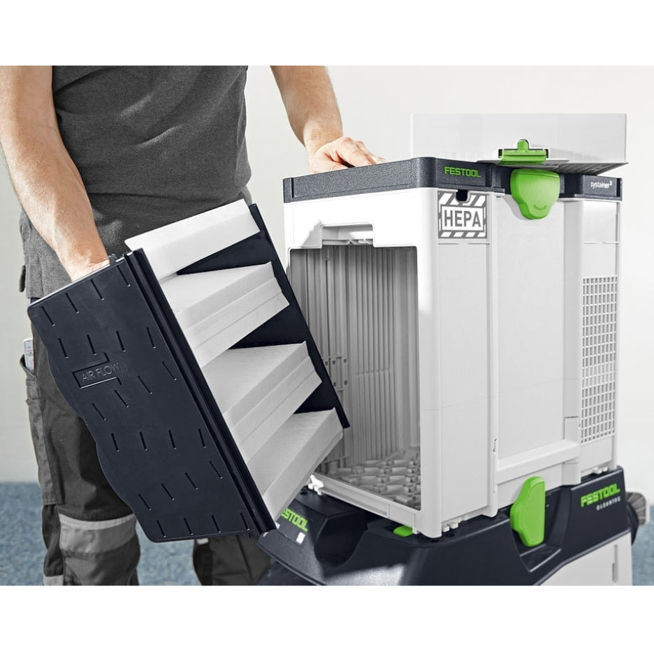 Hands holding Festool Air Filter SYS-AIR HEPA and main filter