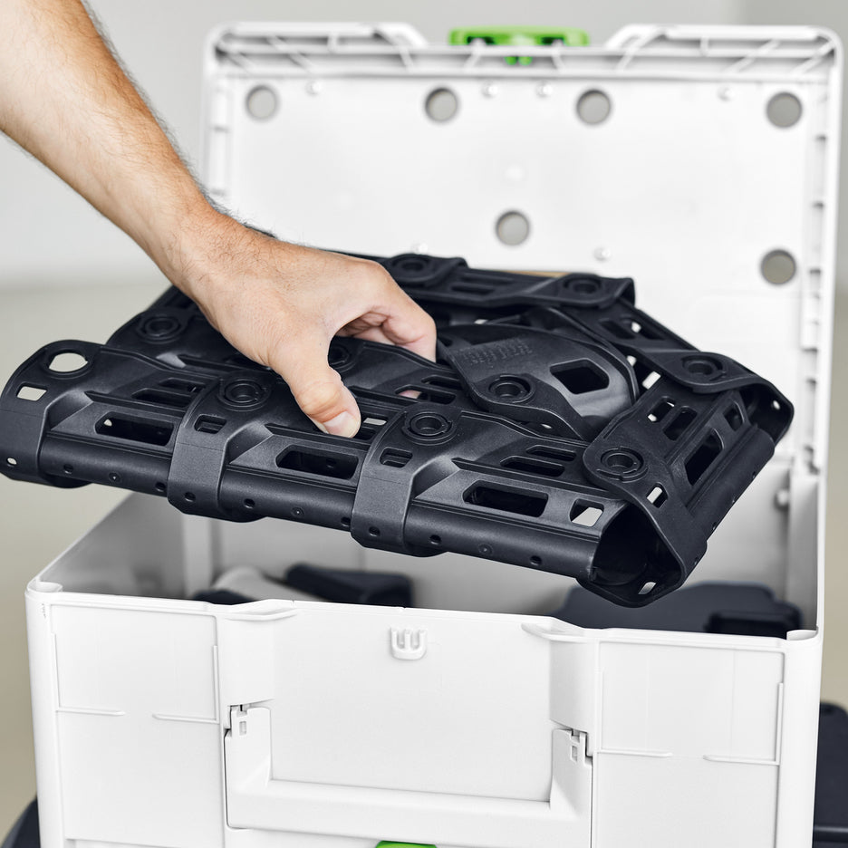 Festool boom arm can be broken down and stored inside the SYS-MFT Systainer. Links coil up to fit inside.