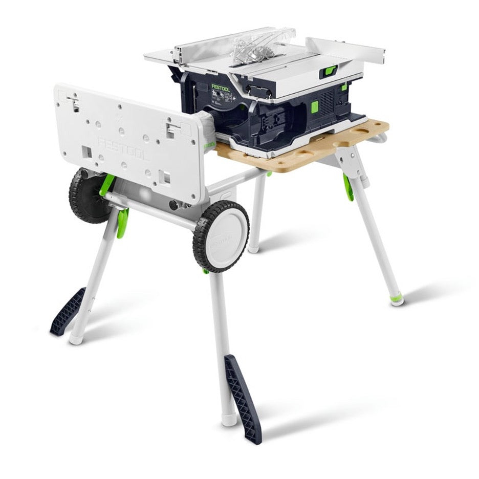 Festool CSC SYS Cordless Table Saw Basic-Set 577372 with underframe and support unfolded, from rear