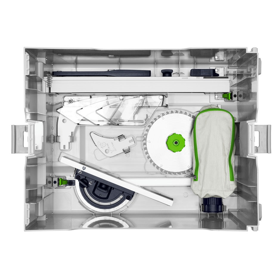 Festool CSC SYS Cordless Table Saw Basic-Set 577372 accessories stored in underside of Systainer lid