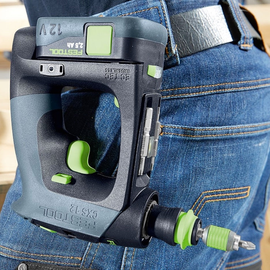Festool CXS 12 Cordless Drill Plus 576868 hanging from belt clip