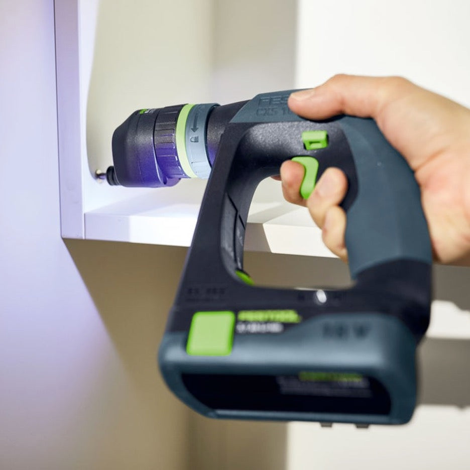 Festool CXS 18 Cordless Drill Set 576889 driving screw near cabinet bottom with eccentric chuck