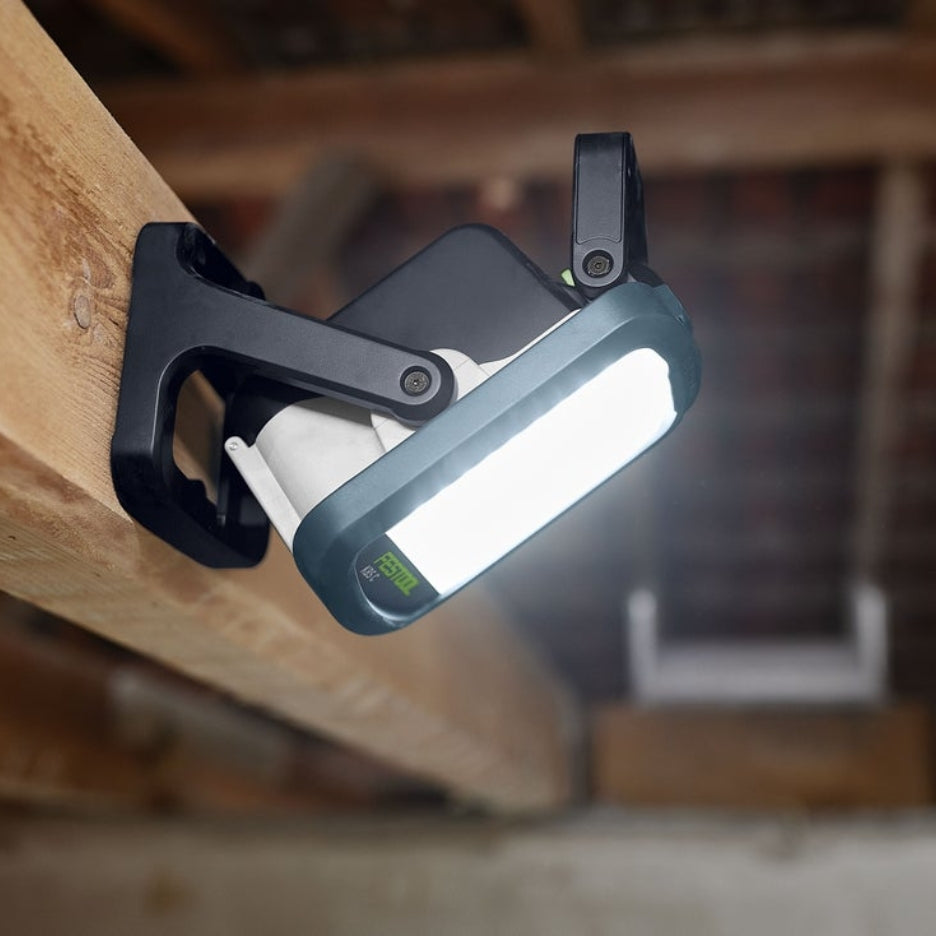 Festool Cordless Site Light SYSLITE KBS C attached to wood beam