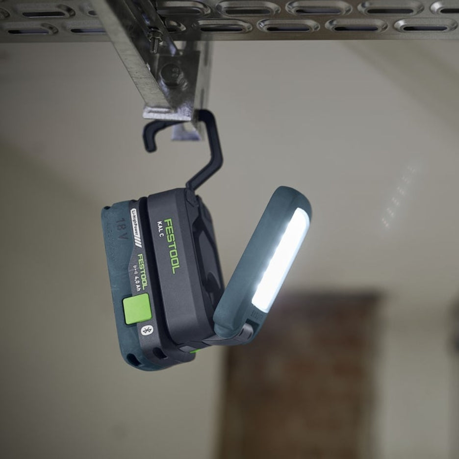 Festool Cordless Task Light SYSLITE KAL C hooked to metal structure