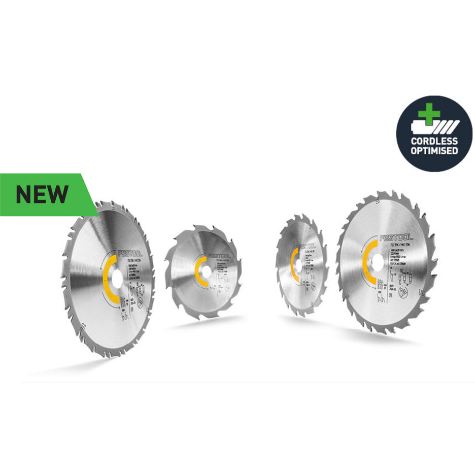 Festool's new grouped-tooth blades have been optimized for use with cordless tools, providing 31% more cuts per charge when used with TSC 55 KS cordless track saw and TBX8 tabless battery.