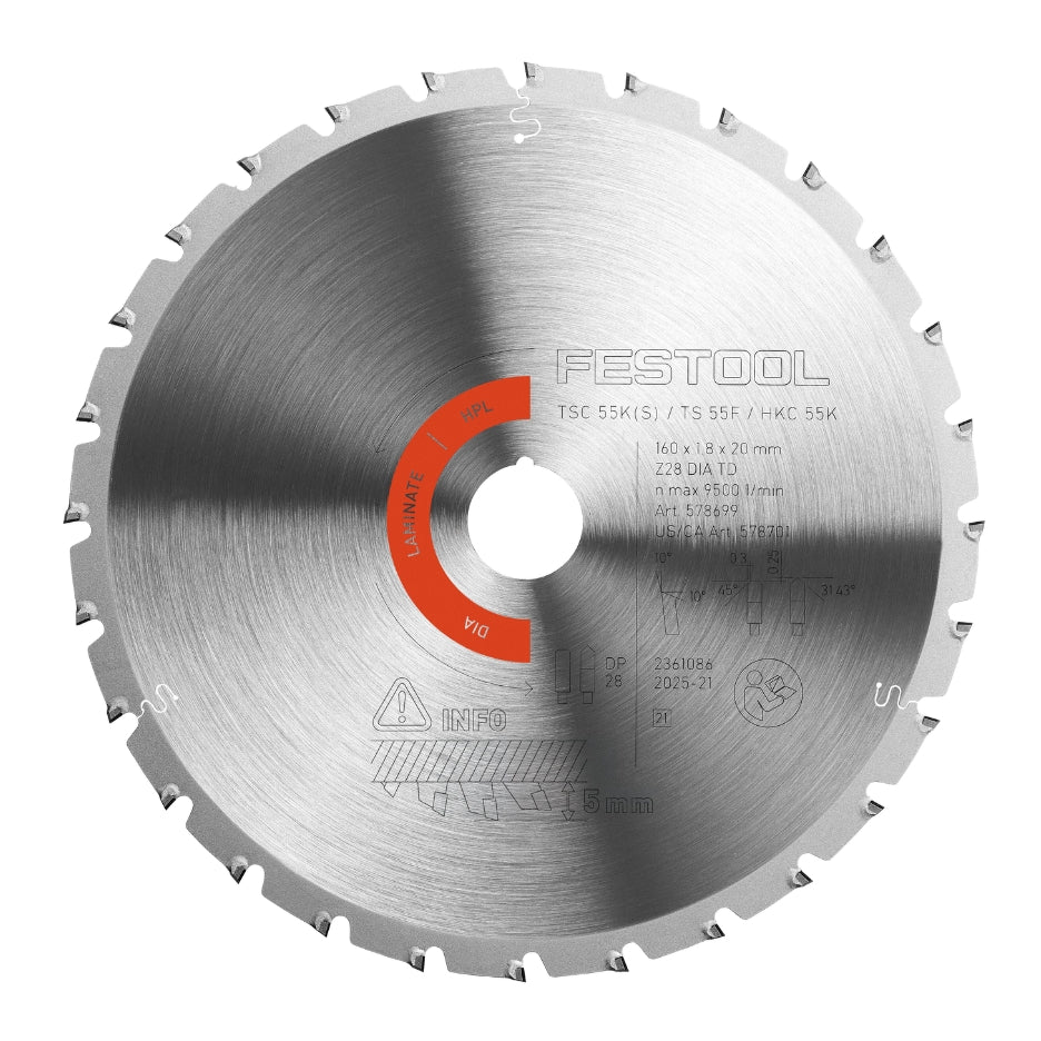 Festool Diamond Laminate/HPL Circular Saw Blade 160mm x 20T with 20mm Bore
