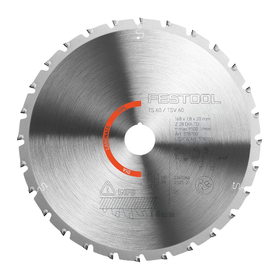 Festool Diamond Laminate/HPL Circular Saw Blade 168mm x 20T with 20mm Bore