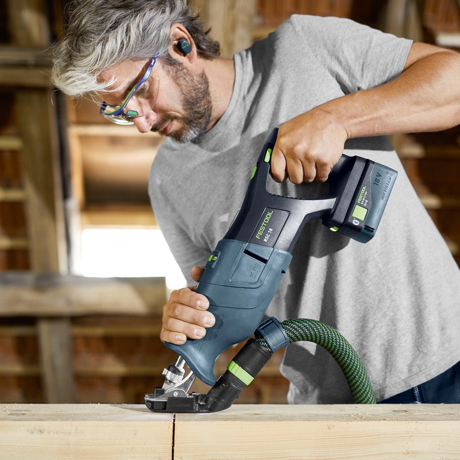 Festool Dust Extraction Adapter RSC-AV 577074 installed, cutting wood