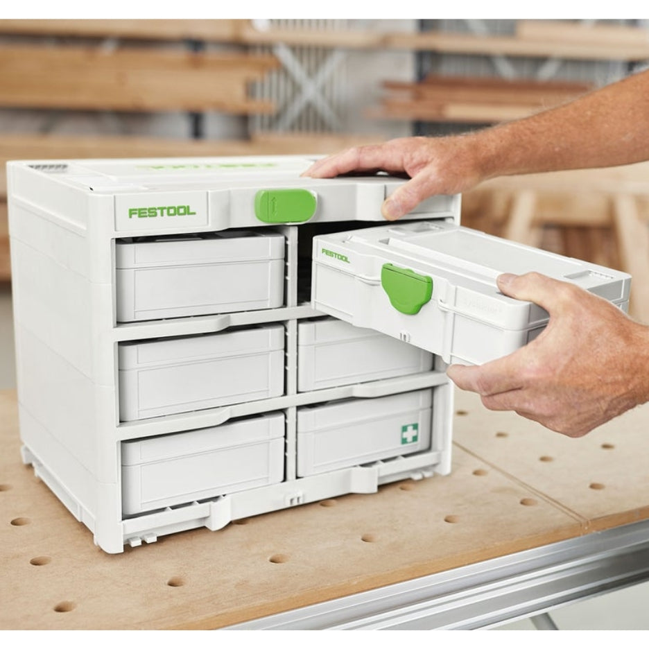 Hands placing SYS3 S in Festool Systainer rack