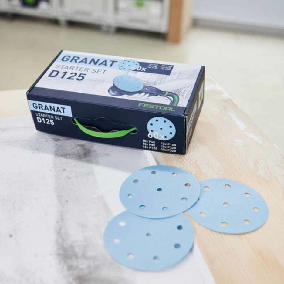 Box of Festool Granat 5 Inch Abrasive Assortment D125 and abrasive discs
