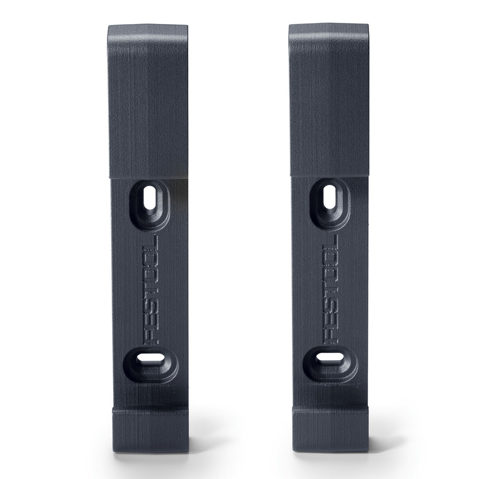 Front view of two Festool Guide Rail Holders, showing branding and elongated screw holes which enable adjustments.