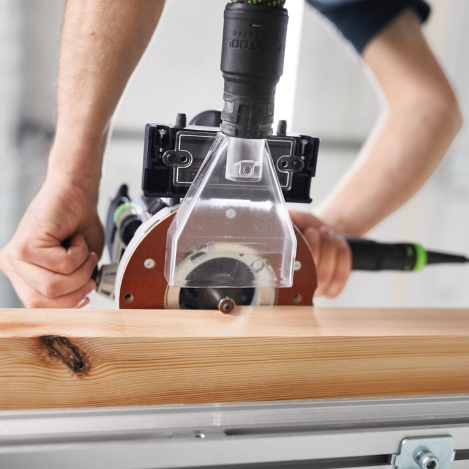 Wooden piece edge being rounded off with Festool Router Bit seen from bellow