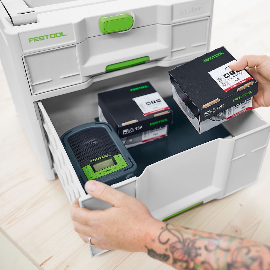 Hand getting box from Festool Sortainer SYS3-SORT/2 M 337