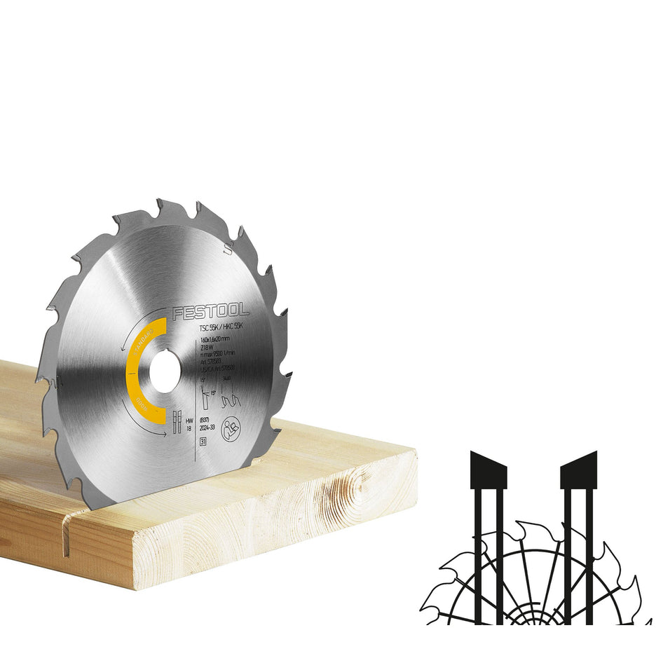 Festool Standard Circular Saw Blade 160mm x 18T ATB with 20mm Bore 578588 application example, and tooth profile icons