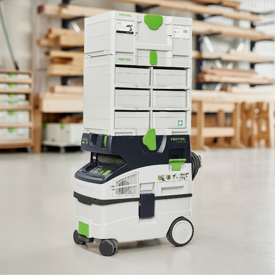 Festool Systainer Rack SYS3-RK/6 M 337 stacked with another Systainer on top of SYS-Roll transport trolley