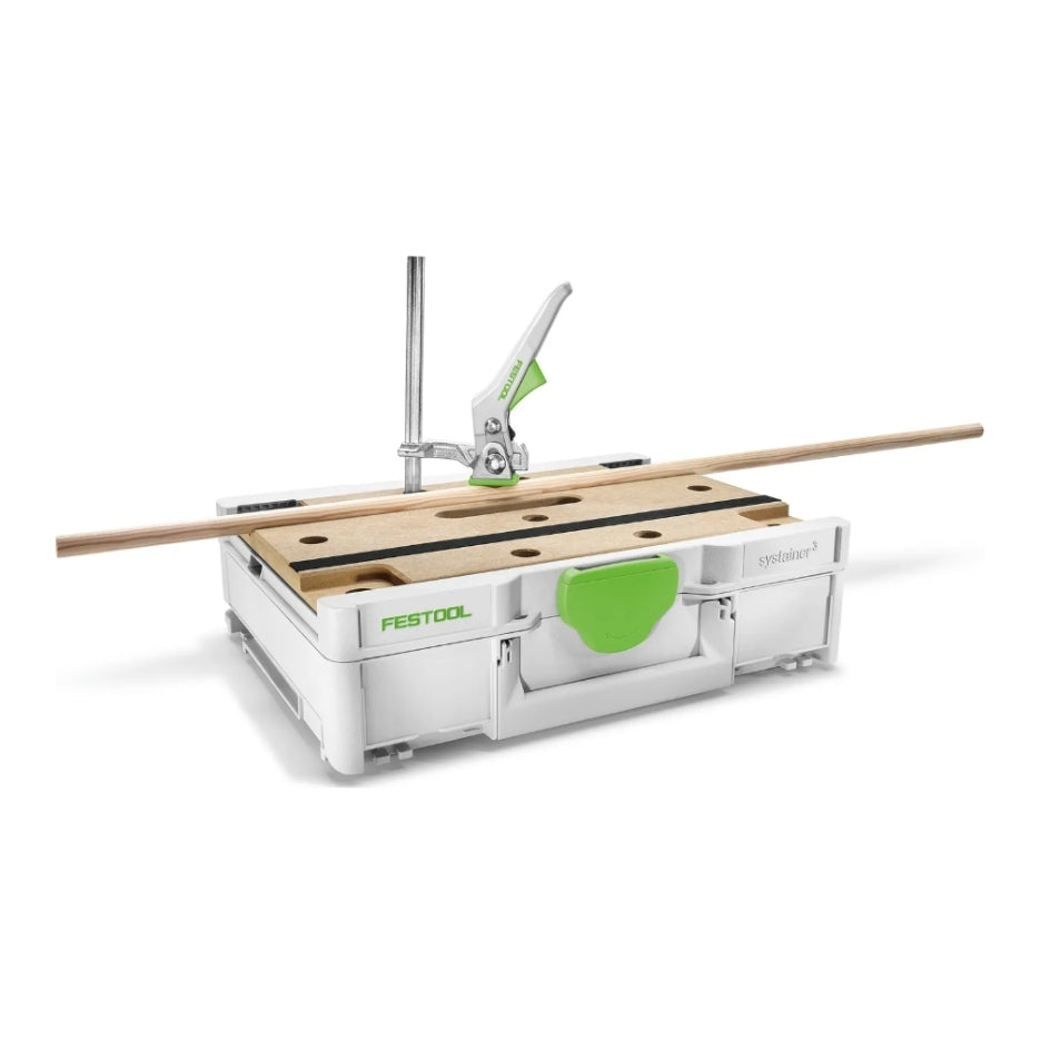 Festool Systainer SYS3-MFT M 112 with a clamp holding a piece of wood on top of it