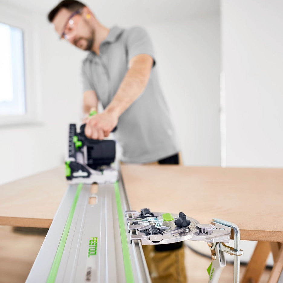 Festool Track Saw 168mm TS 60 KEBQ-F-Plus 576726 with FS Guide Rail cutting MDF sheet at angle