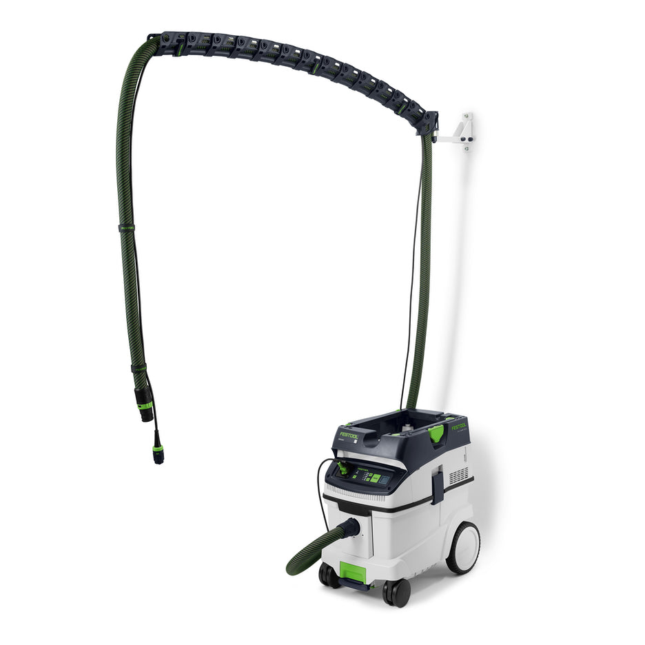 Example of Festool Wall-Mount Boom Arm setup complete with D27 hose, Plug-it cord, and CT 36 dust extractor.
