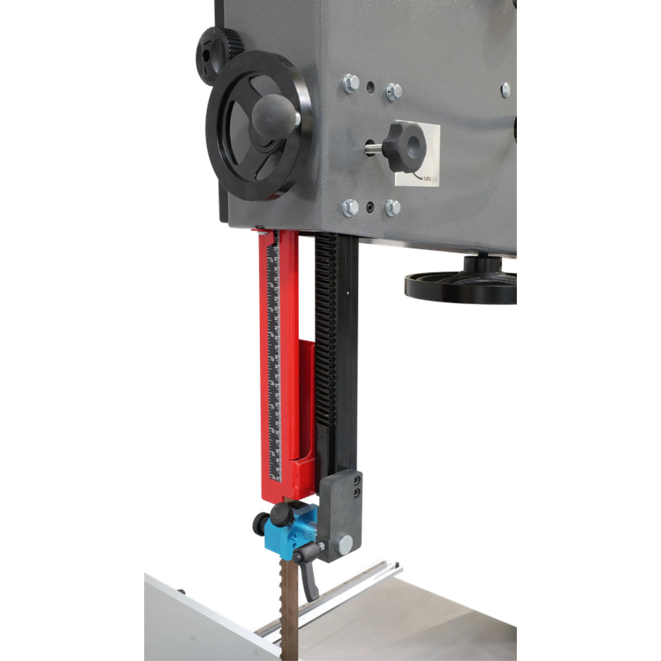 Upper blade guide assembly with hand wheel and rack and pinion adjustment of Laguna 24|BX bandsaw