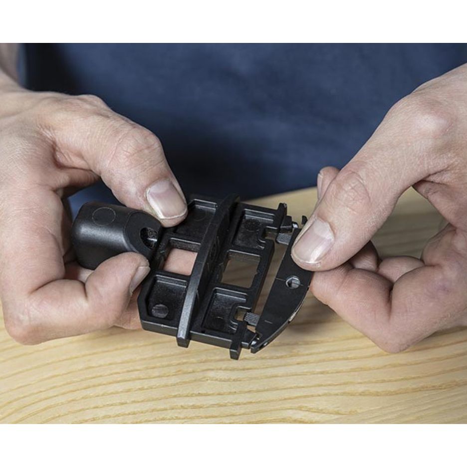 Lamello Clamex S-20 Drilling and Alignment Jig 125254 holding S-20 connector